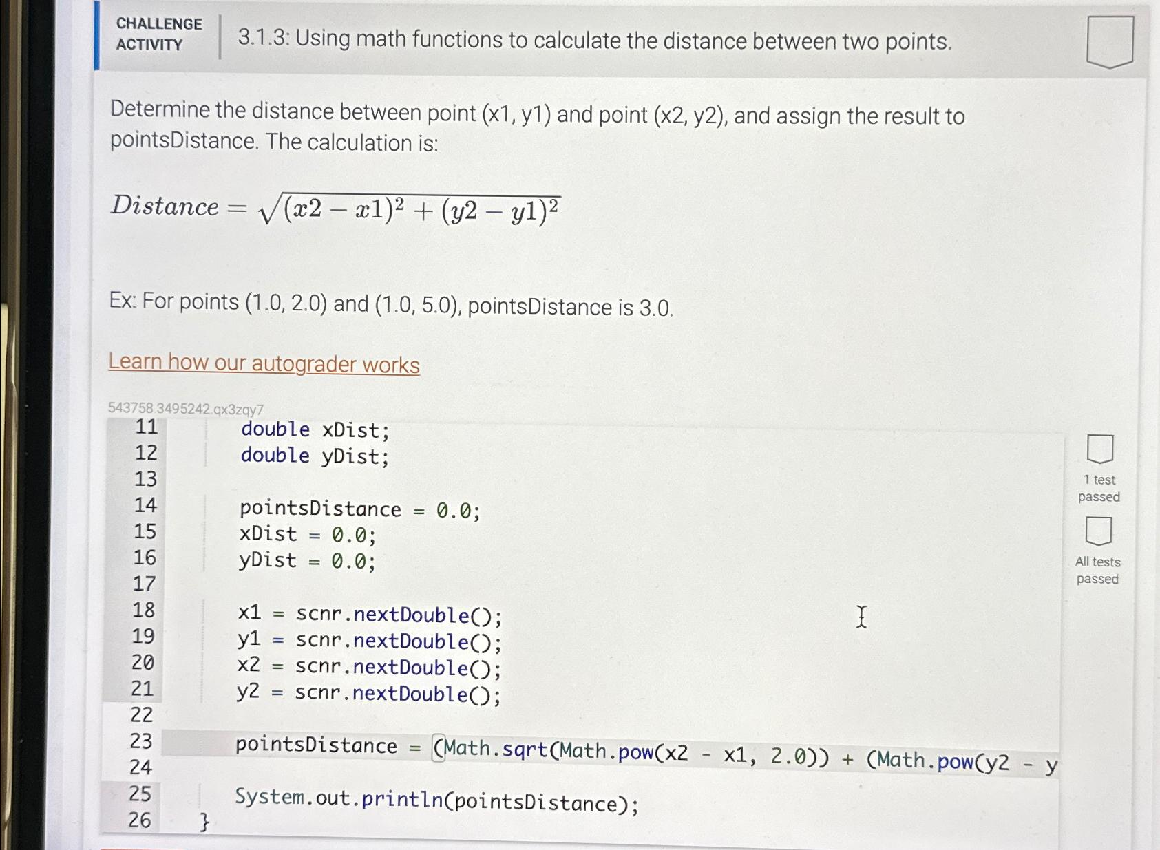  CHALLENGE ACTIVITY 3.1.3: Using math functions to calculate the distance between
