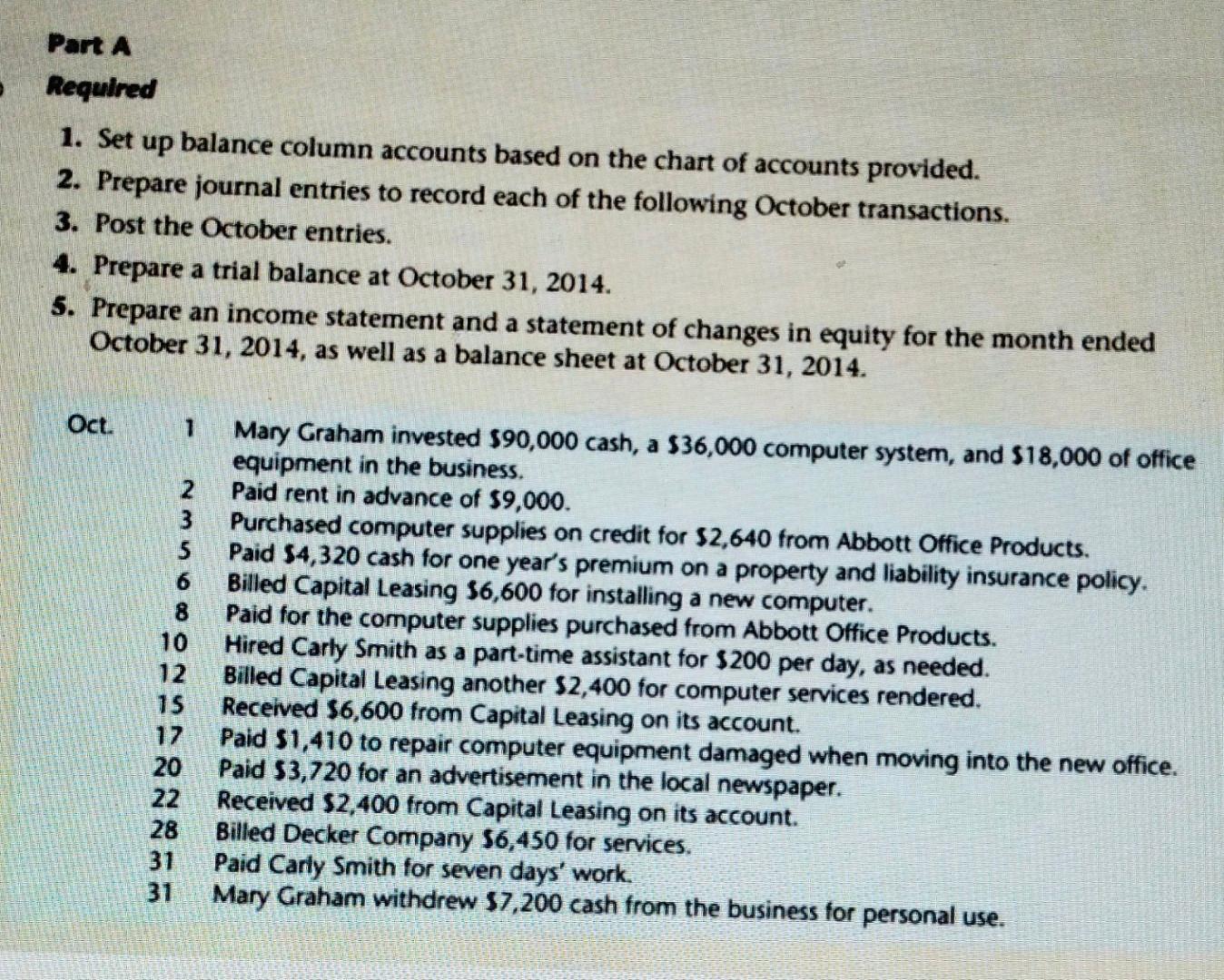  Required 1. Set up balance column accounts based on the chart