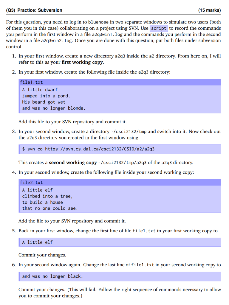 c language putty (Q3) Practice: Subversion (15 marks) For this question, you
