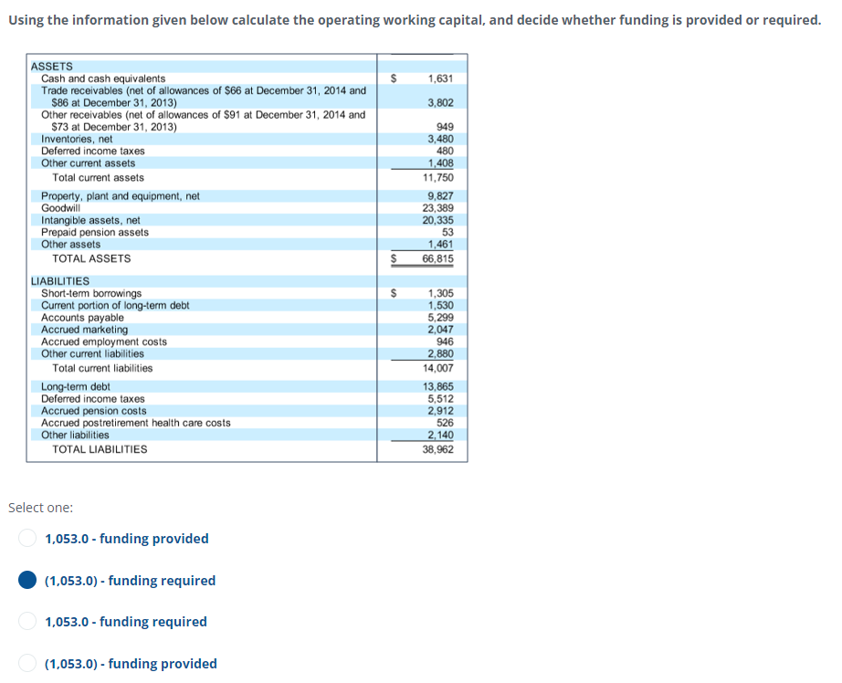 Using the information given below calculate the operating working capital, and
