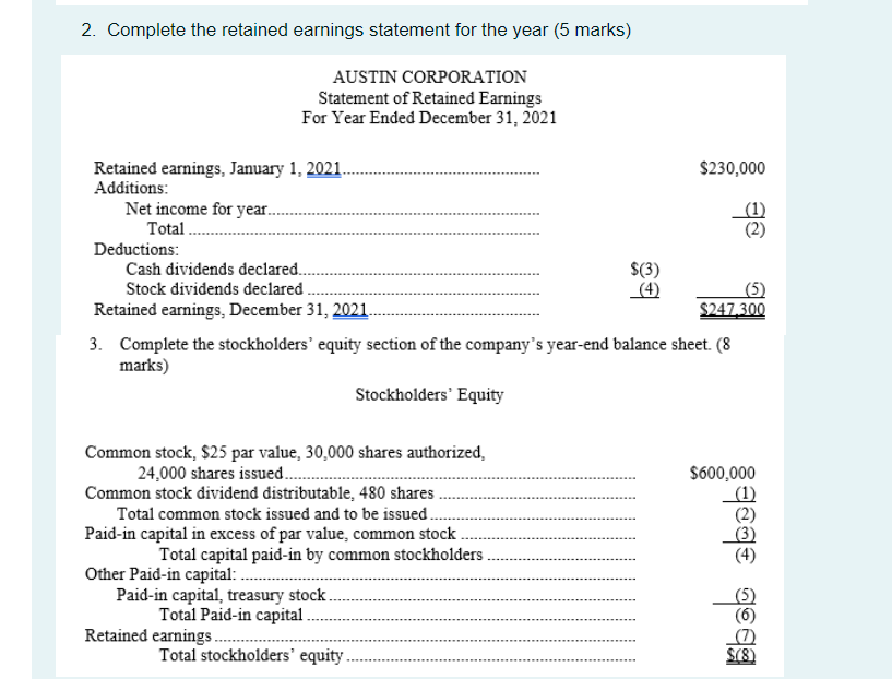  2. Complete the retained earnings statement for the year (5 marks)