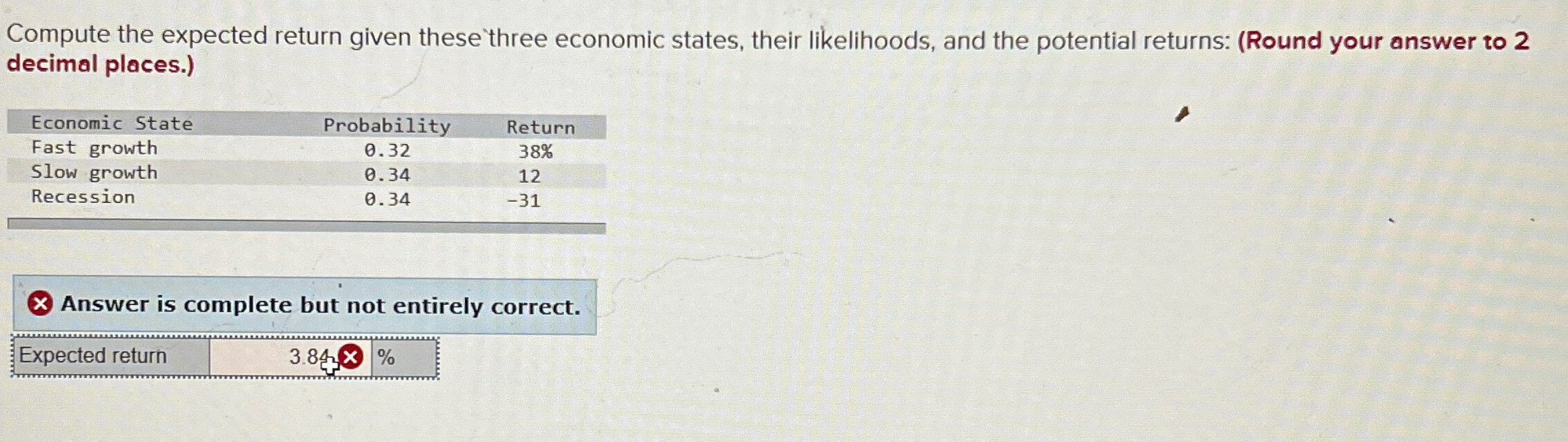  Compute the expected return given these three economic states, their likelihoods,
