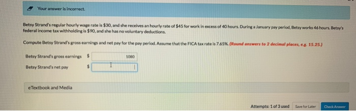  Your answer is incorrect. Betsy Strand's regular hourly wage rate is