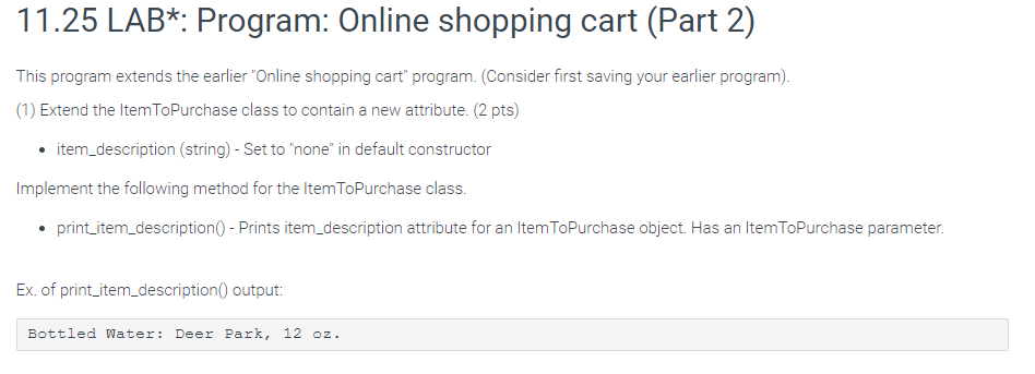  11.25 LAB*: Program: Online shopping cart (Part 2) This program extends