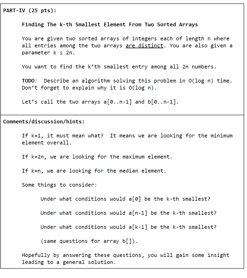  PART-IV (25 pts): Finding the k-th Smallest Element From Two Sorted