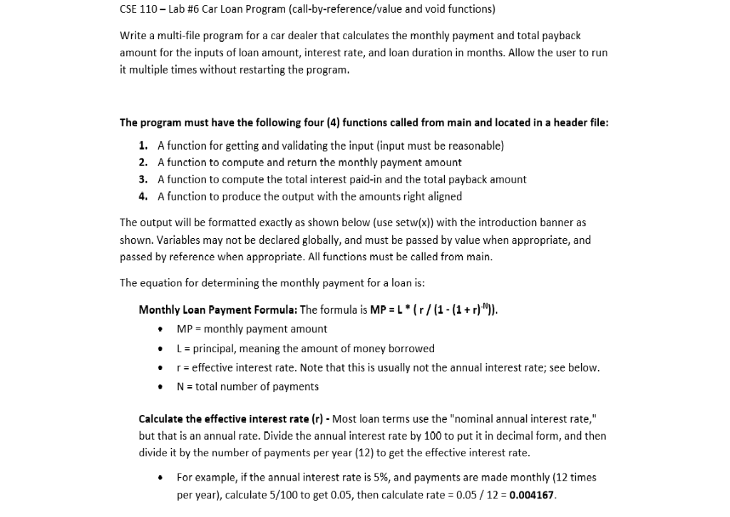 Code in C++ CSE 110-Lab #6 Car Loan Program (call-by-reference/value and void