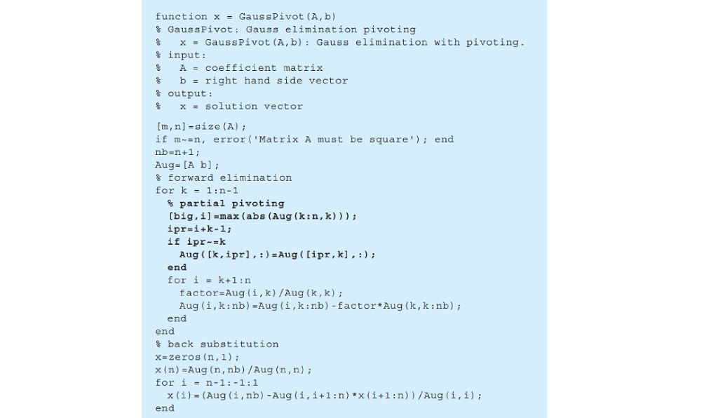 What would the matlab code be for Gauss elimination using complete pivoting?