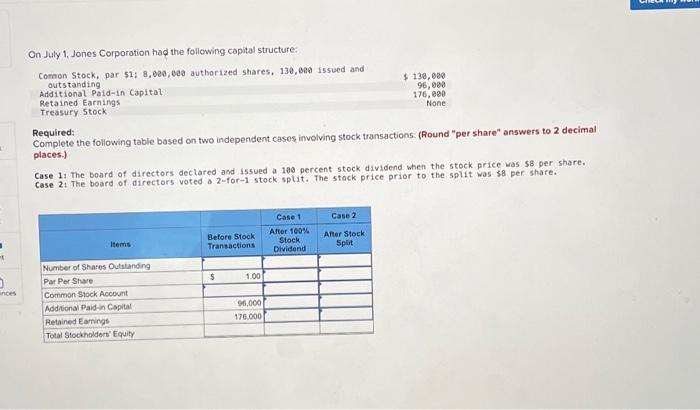  Required: Complete the following table based on two independent cases involving