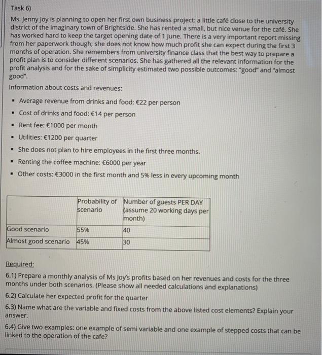  Task 6) Ms. Jenny Joy is planning to open her first