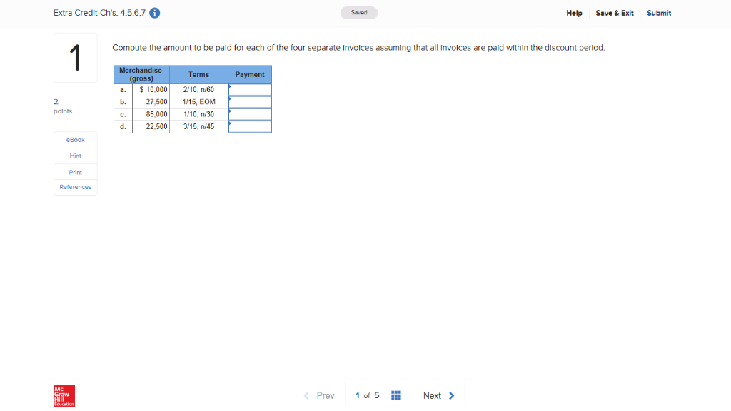  Extra Credit-Ch's. 4,5.6,7 6 Saved Help Save& Exit Submit Compute the
