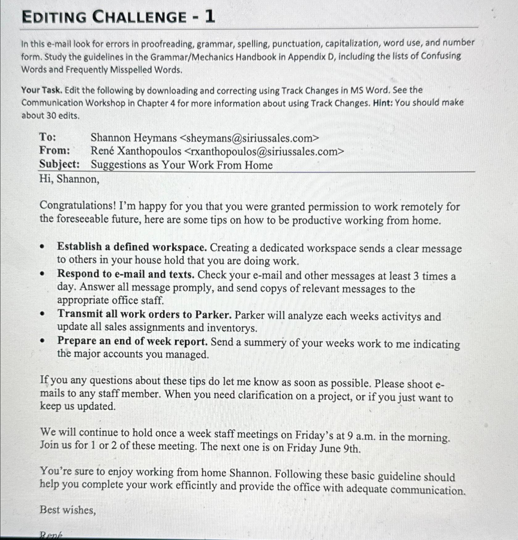  Editing Challenge -1 In this e-mail look for errors in proofreading,