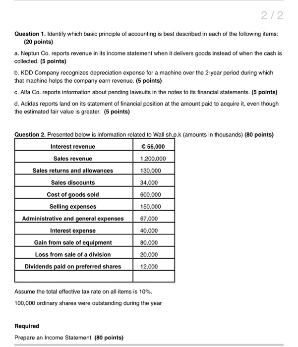  2/2 Question 1. Identify which basic principle of accounting is best