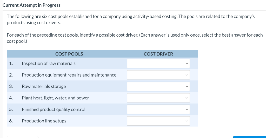 Current Attempt in Progress The following are six cost pools established