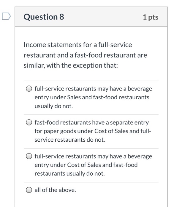 Check Beverage sales by meal period O Non of the above Question