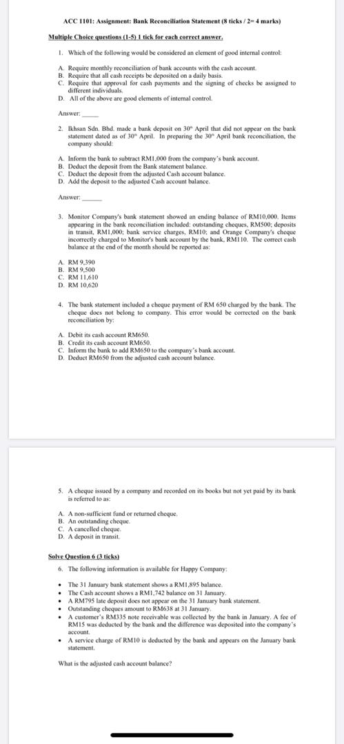 ACC 1101: Assignment: Bank Reconciliation Statement (8 ticks / 2-4 marks)