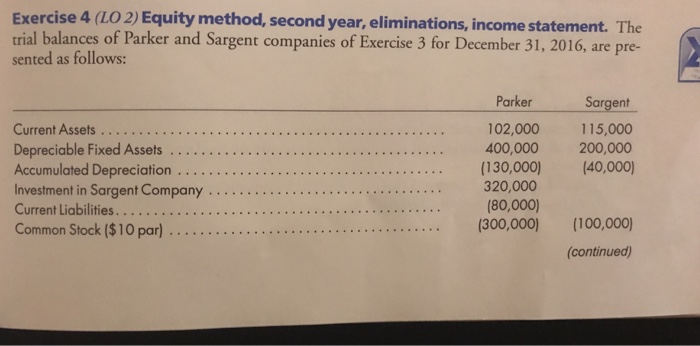  Exercise 4 (LO 2) Equity method, second year, eliminations, income statement.