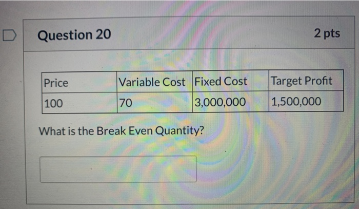  Question 20 2 pts Price Variable Cost Fixed Cost Target Profit