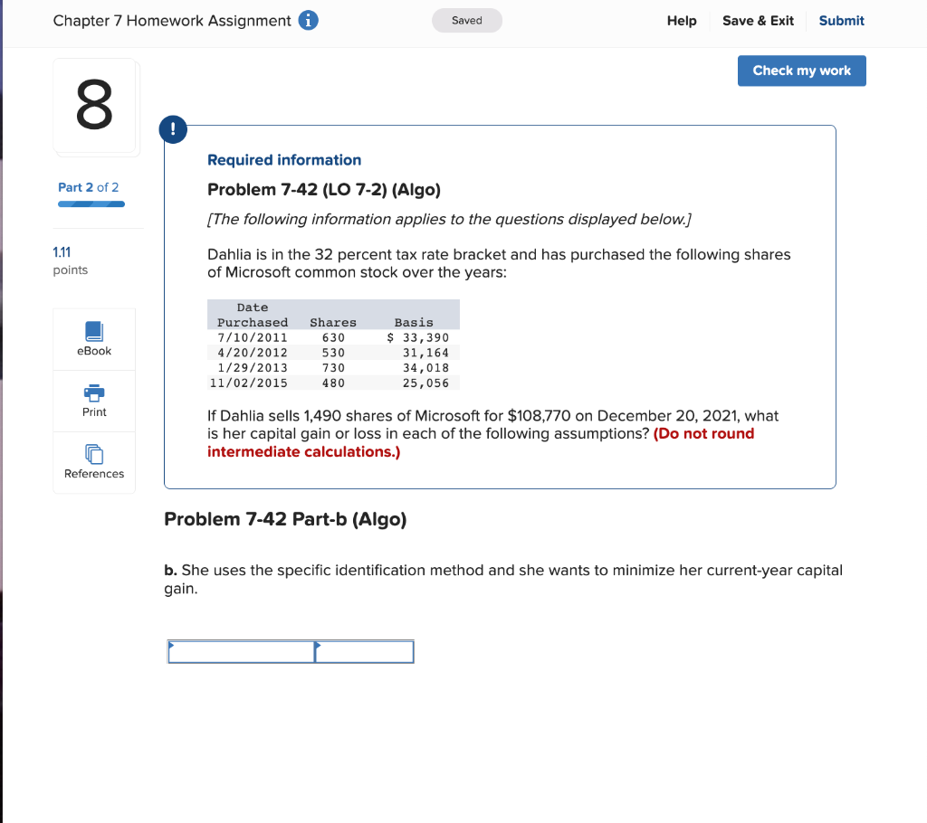 Check my work 7 Part 1 of 2 Required information Problem 7-42
