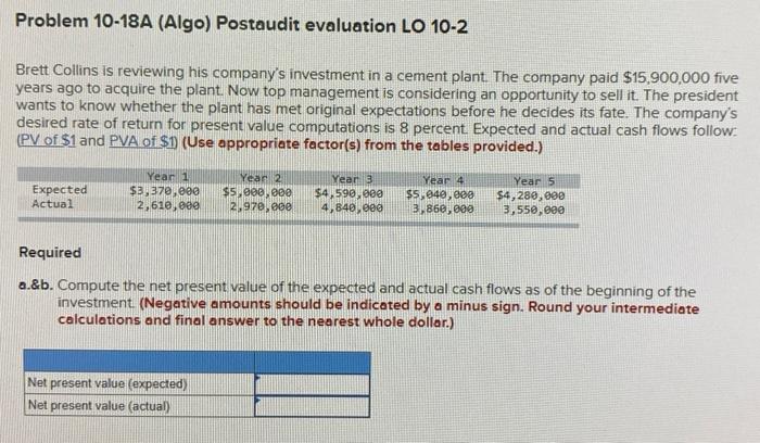  Problem 10-18A (Algo) Postaudit evaluation LO 10-2 Brett Collins is reviewing