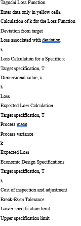  Taguchi Loss Function Enter data only in yellow cells. Calculation of