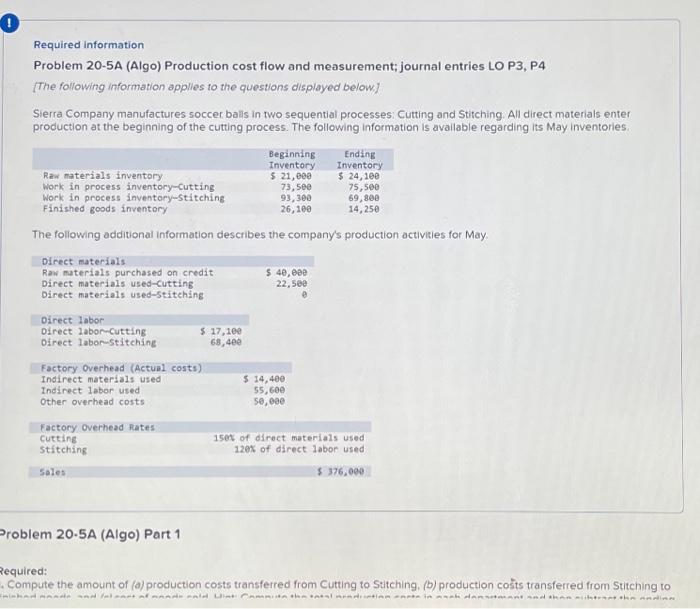 Please help due at 11:59 Required information Problem 20-5A (Algo) Production cost