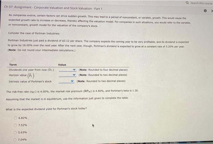  Q Search this course Ch 07: Assignment - Corporate Valuation and