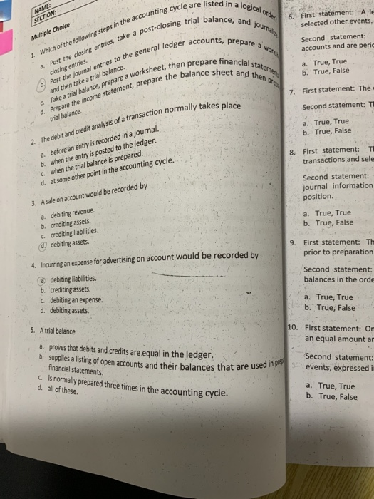  homework help NAME: SECTION: Yout 6. First statement: A le selected