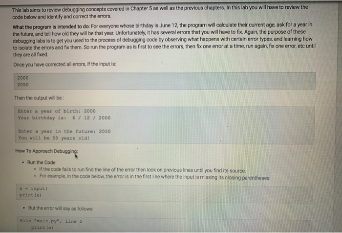  This lab aims to review debugging concepts covered in Chapter 5