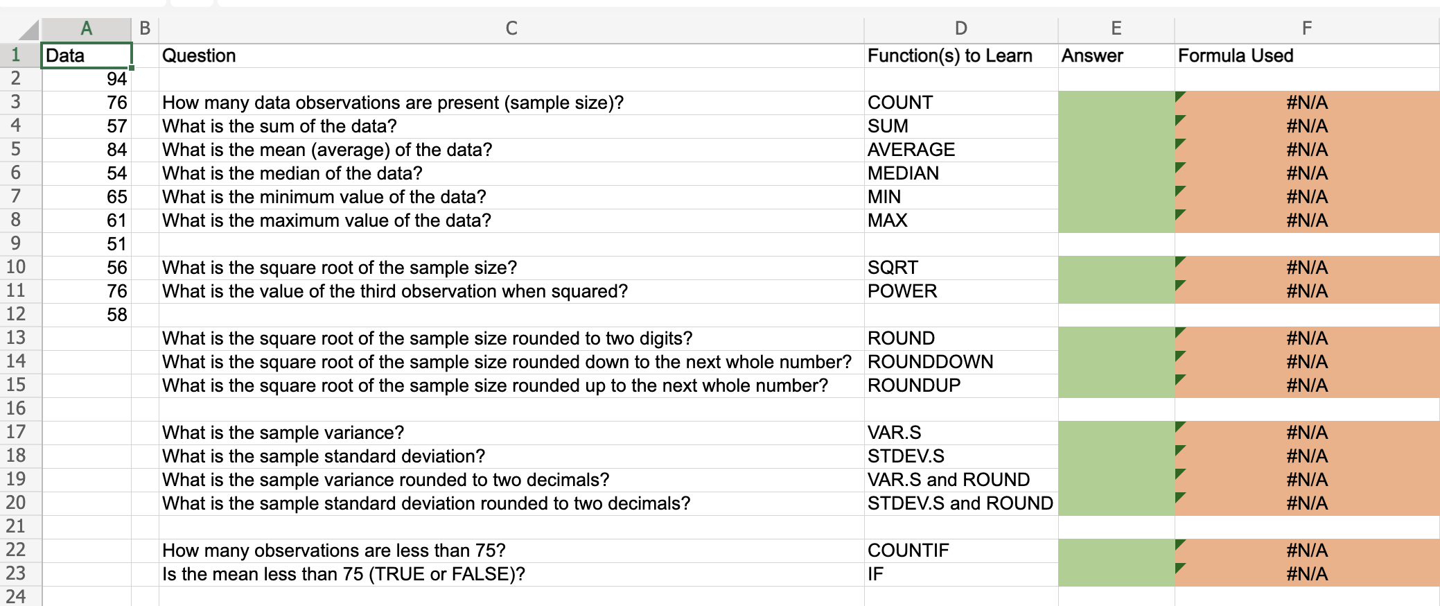 B D Function(s) to Learn F Formula Used Question Answer 1