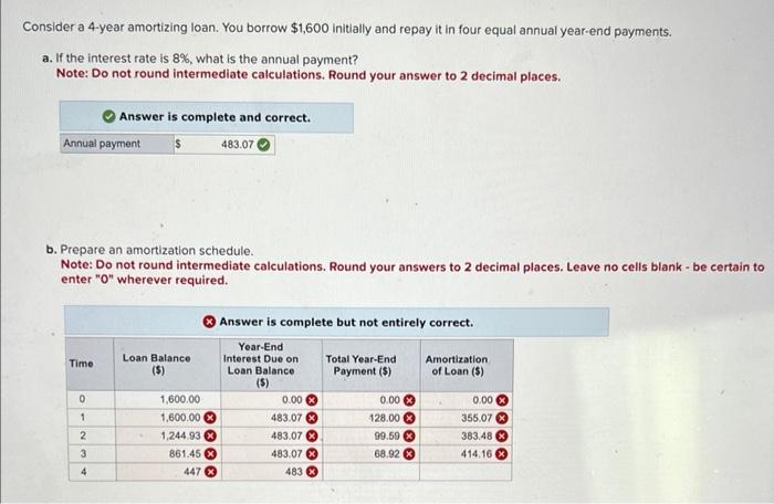  Consider a 4-year amortizing loan. You borrow $1,600 initially and repay