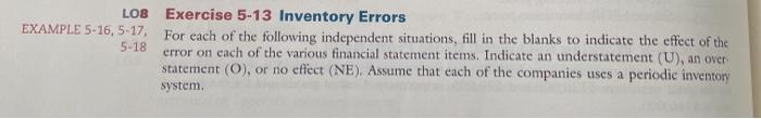  LO8 Exercise 5-13 Inventory Errors EXAMPLE 5-16, 5:17. For each of