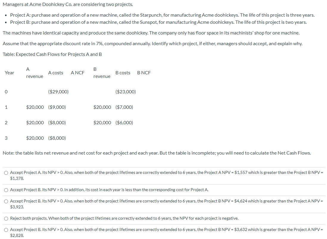  Managers at Acme Doohickey Co. are considering two projects. Project A: