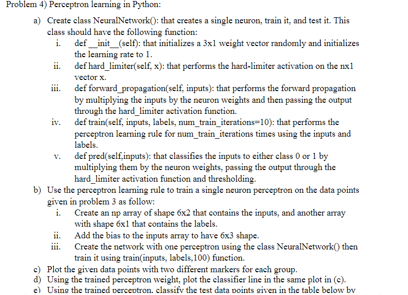  Problem 4) Perceptron learning in Python: a) Create class NeuralNetwork(): that