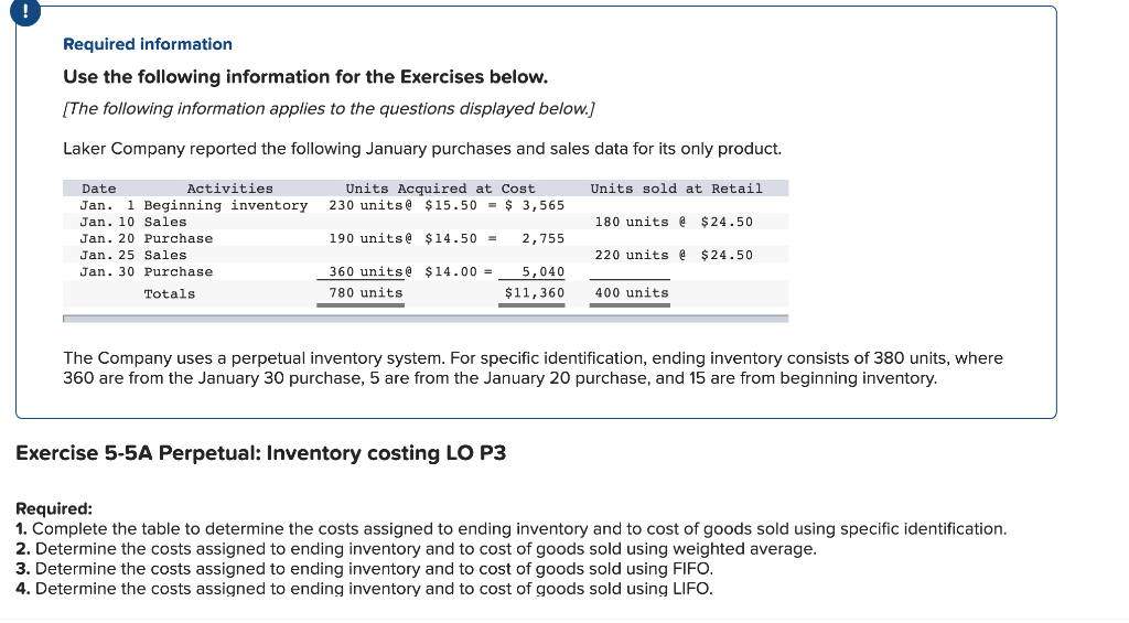 Required information Use the following information for the Exercises below. (The