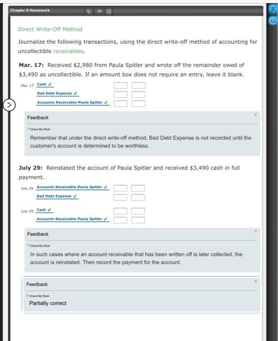  Chapter 8 Homework 2 Direct Write-off Method Journalize the following transactions,