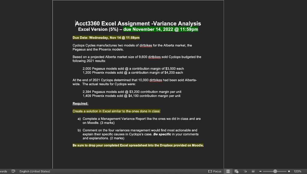 Acct3360 Excel Assignment - Variance Analysis Excel Version (5\%) - due