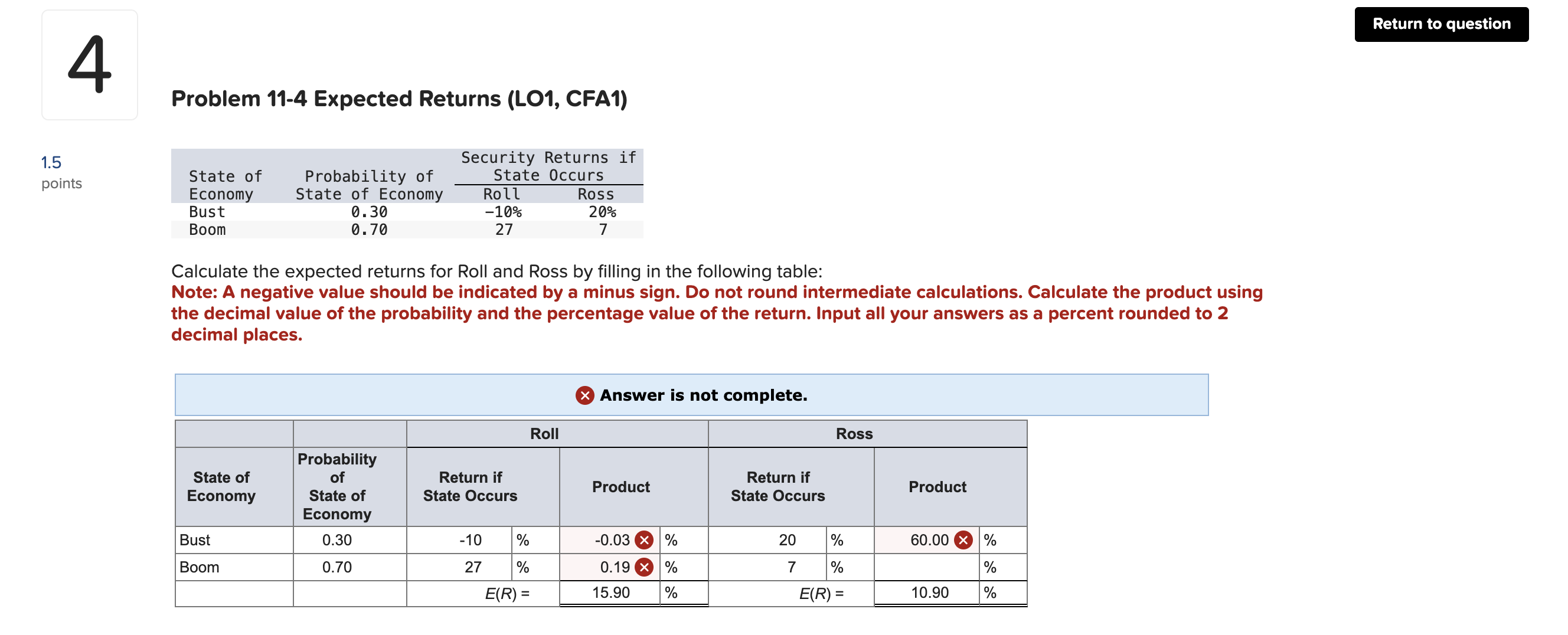  Problem 11-4 Expected Returns (LO1, CFA1) Calculate the expected returns for