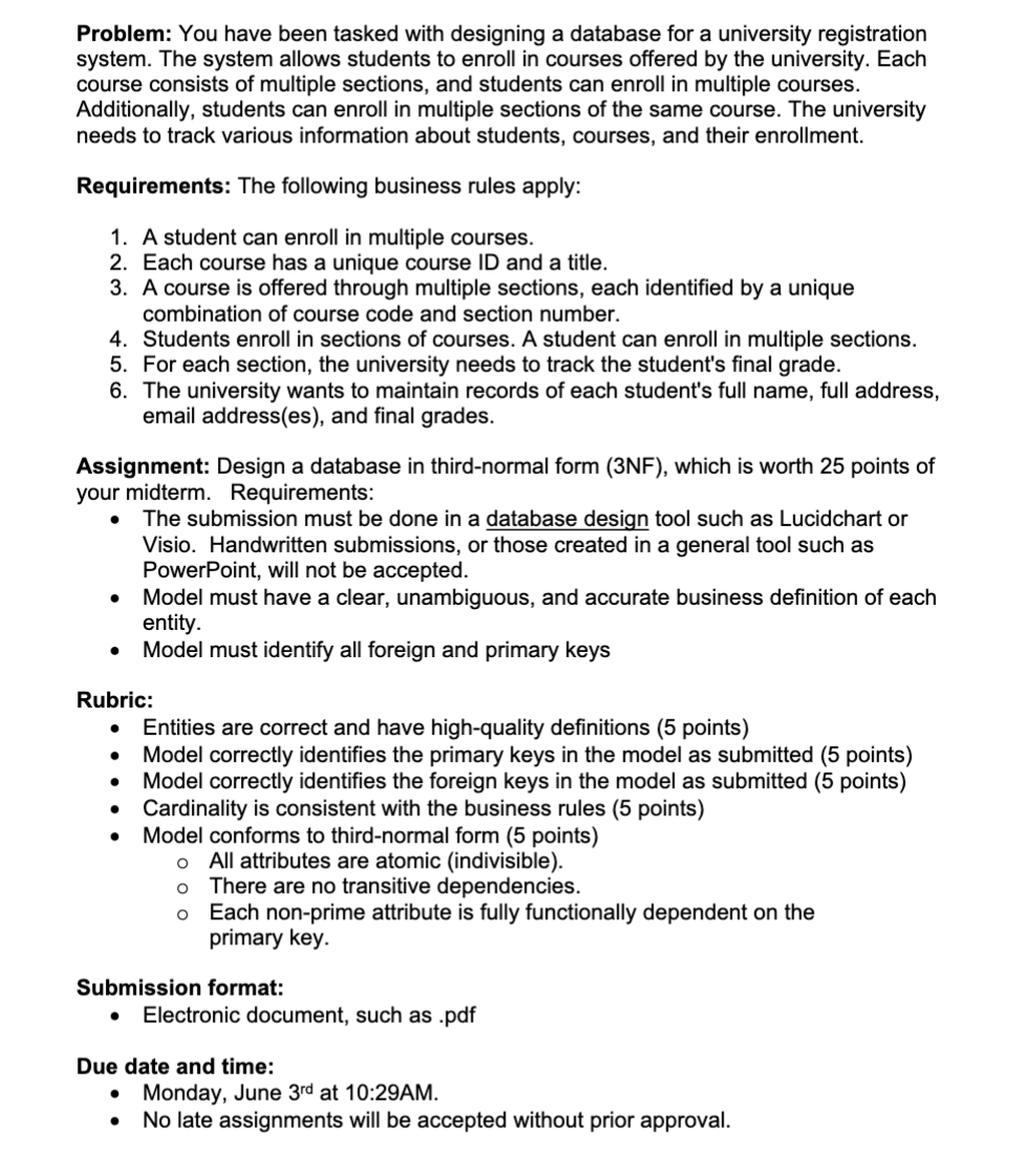  Problem: You have been tasked with designing a database for a