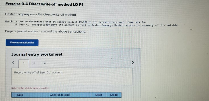  Exercise 9-4 Direct write-off method LO P1 Dexter Company uses the
