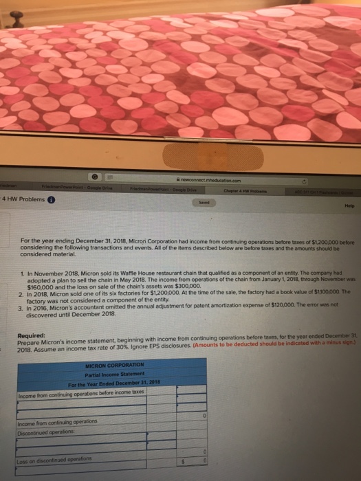  4 HW Problems Help For the year ending December 31, 2018,