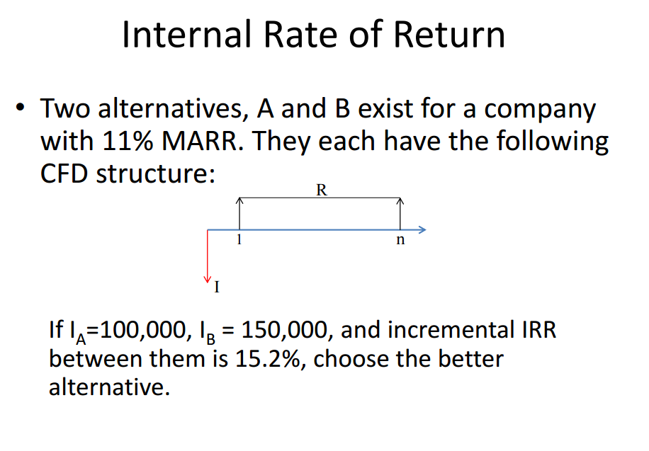 Internal Rate of Return Two alternatives, A and B exist for