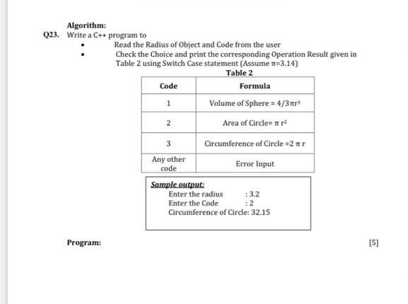  Algorithm: Q23. Write a C++ program to Read the Radius of