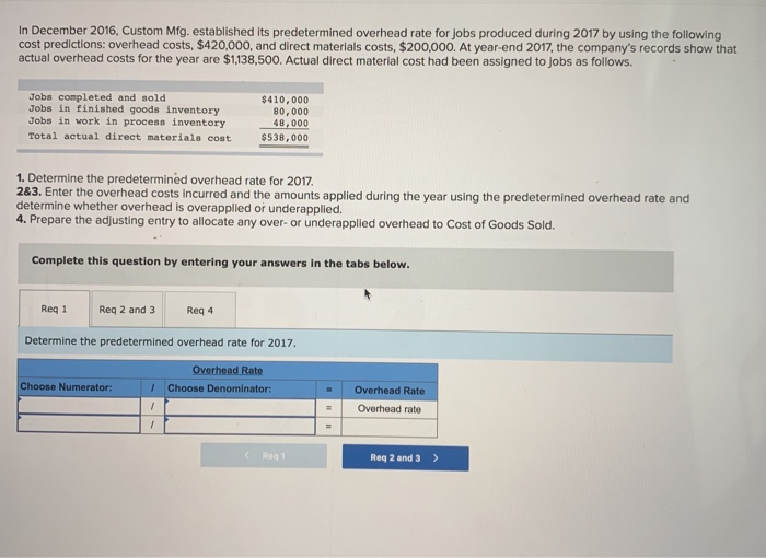  In December 2016, Custom Mfg. established its predetermined overhead rate for