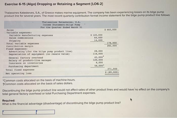  Exercise 6-15 (Algo) Dropping or Retaining a Segment [LO6-2] Thalassines kataskeves,