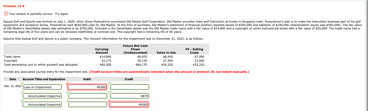 Problem 12-9 Your answer is partially correct. Try again. Ayayai Golf