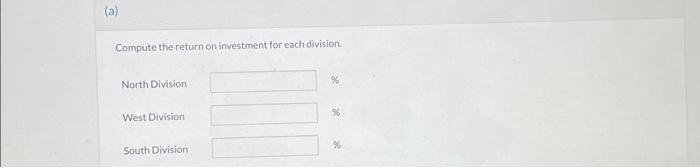 Division Compute the return on investment for each division. North Division West