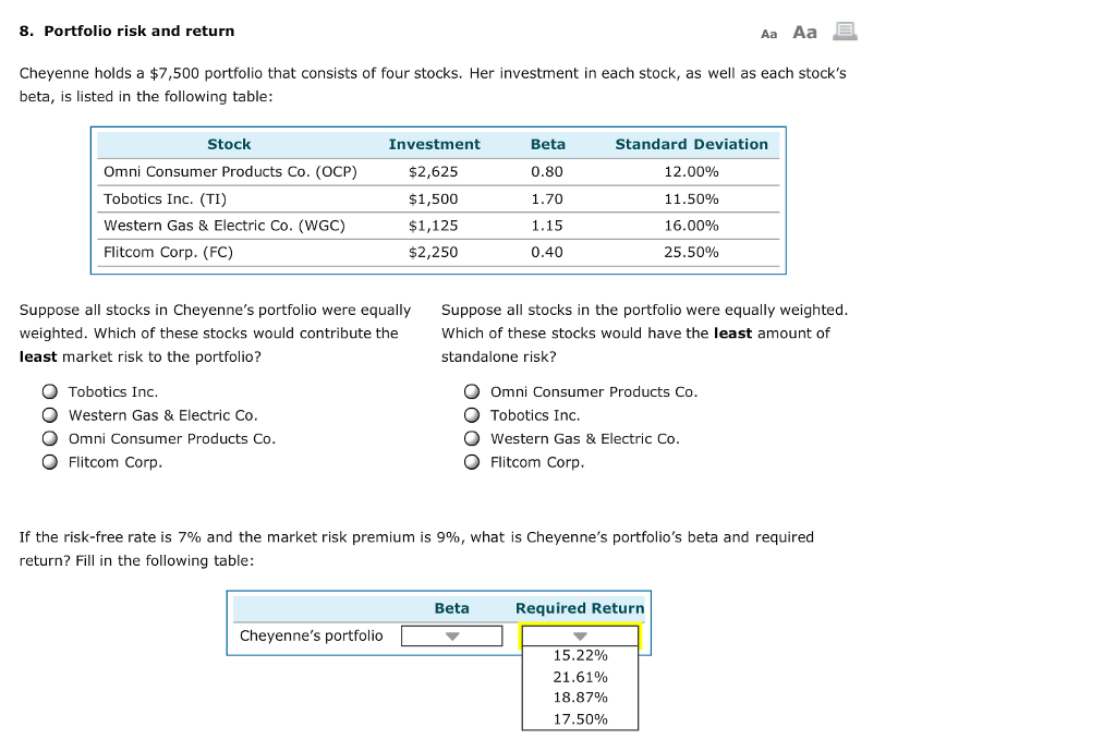 $7,500 portfolio that consists of four stocks. Her investment in each stock,