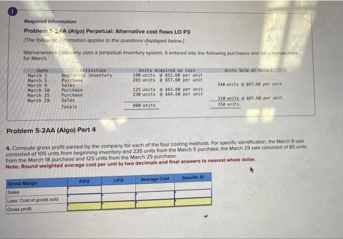  Required information Problem 52 AA (Algo) Perpetual: Alternative cost flows LO