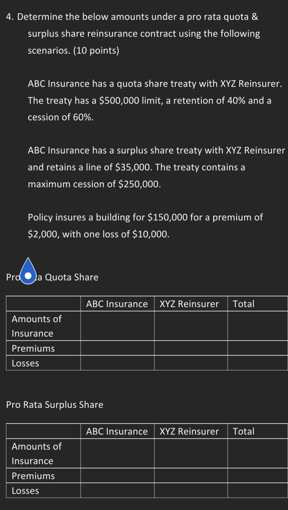  4. Determine the below amounts under a pro rata quota \&