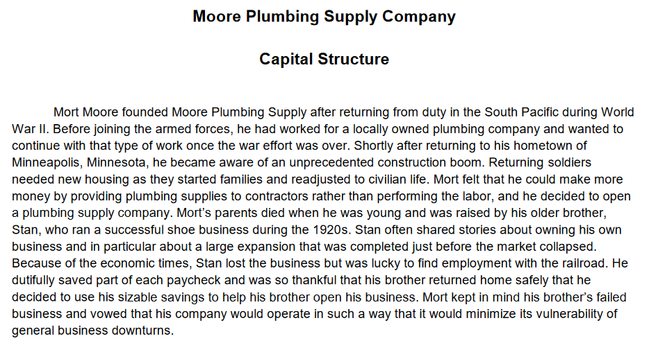  Moore Plumbing Supply Company Capital Structure Mort Moore founded Moore Plumbing